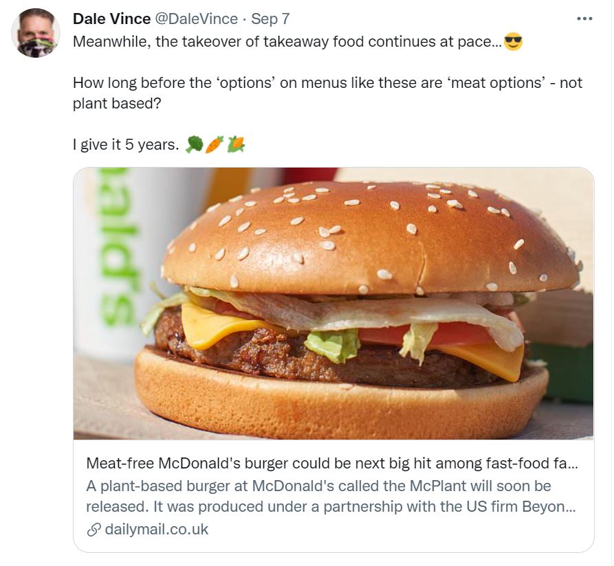 Dale Vince tweet on McDonalds plant burger 7-9-2021